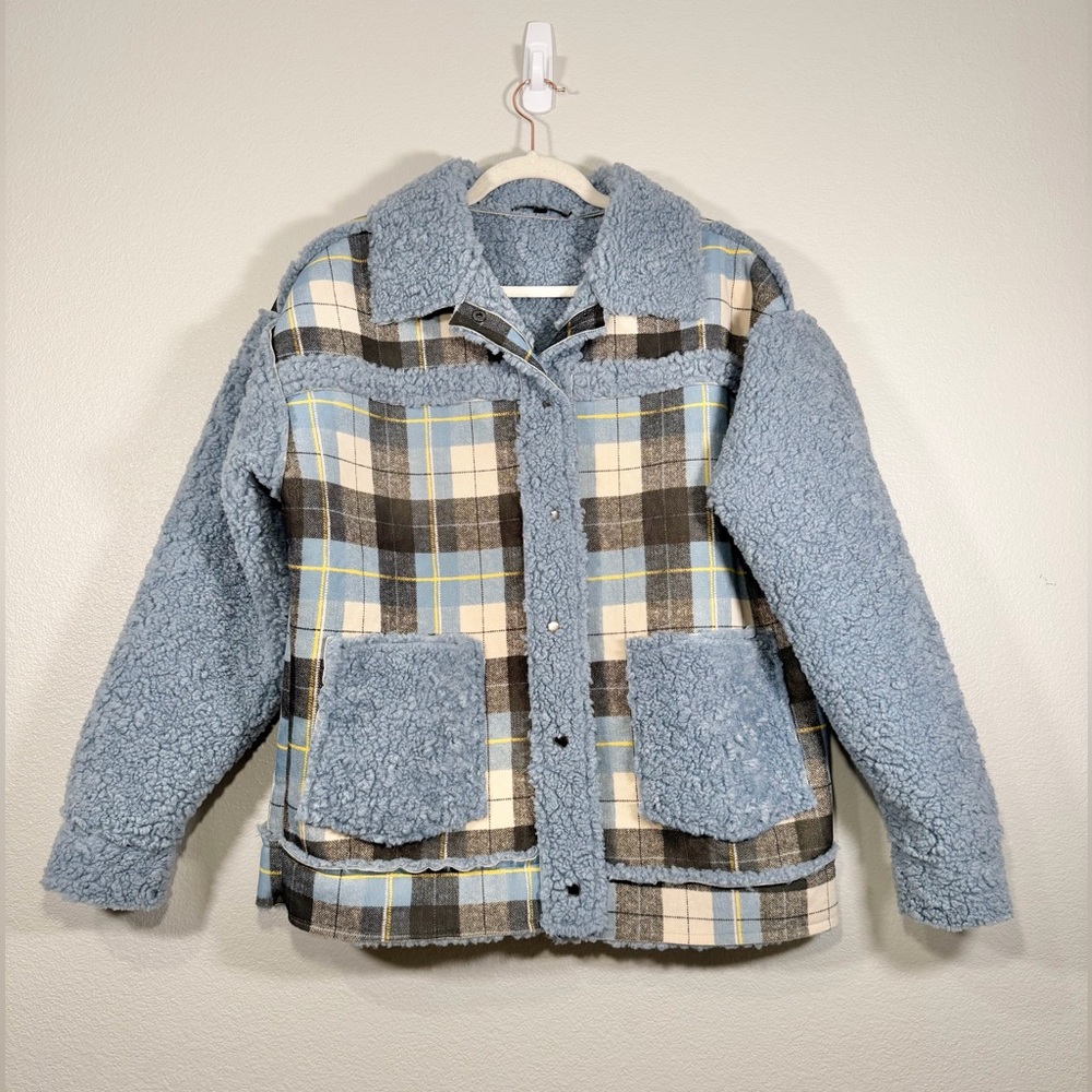 Dance & Marvel Sherpa Jacket Plaid Coat Fleece Warm Heavy Button Down Women M